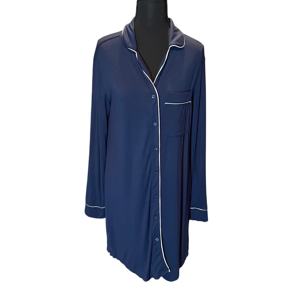 Auden Cloud Knit Navy Blue Button Down Long Sleeve Nightshirt XS Sleepshirt